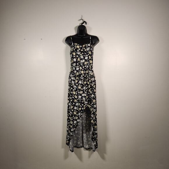 NO BO NO BOUNDARIES High Low Slip Wrap Dress Womens M Ditsy Floral Black Yellow - Picture 1 of 10